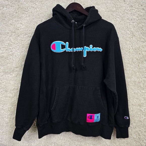 Champion Other - Champion Hoodie Mens L Black Reverse Weave Chenille Script Patch 19 Pullover